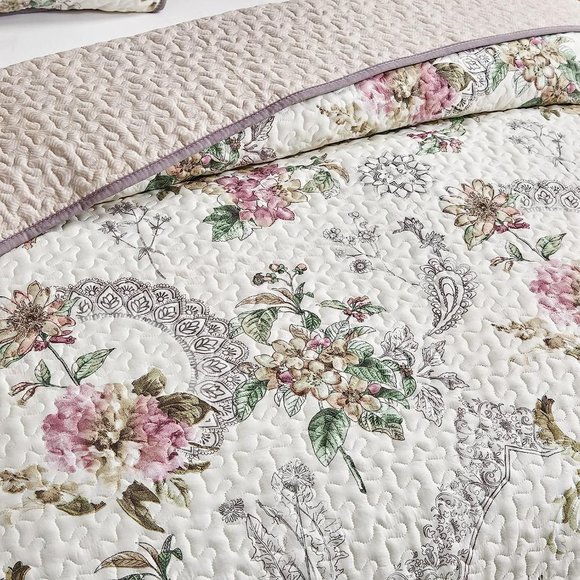 New Pink & Beige Floral 3-Piece 100% Polyester Quilt Set • Reversible • QUEEN - Picture 5 of 7
